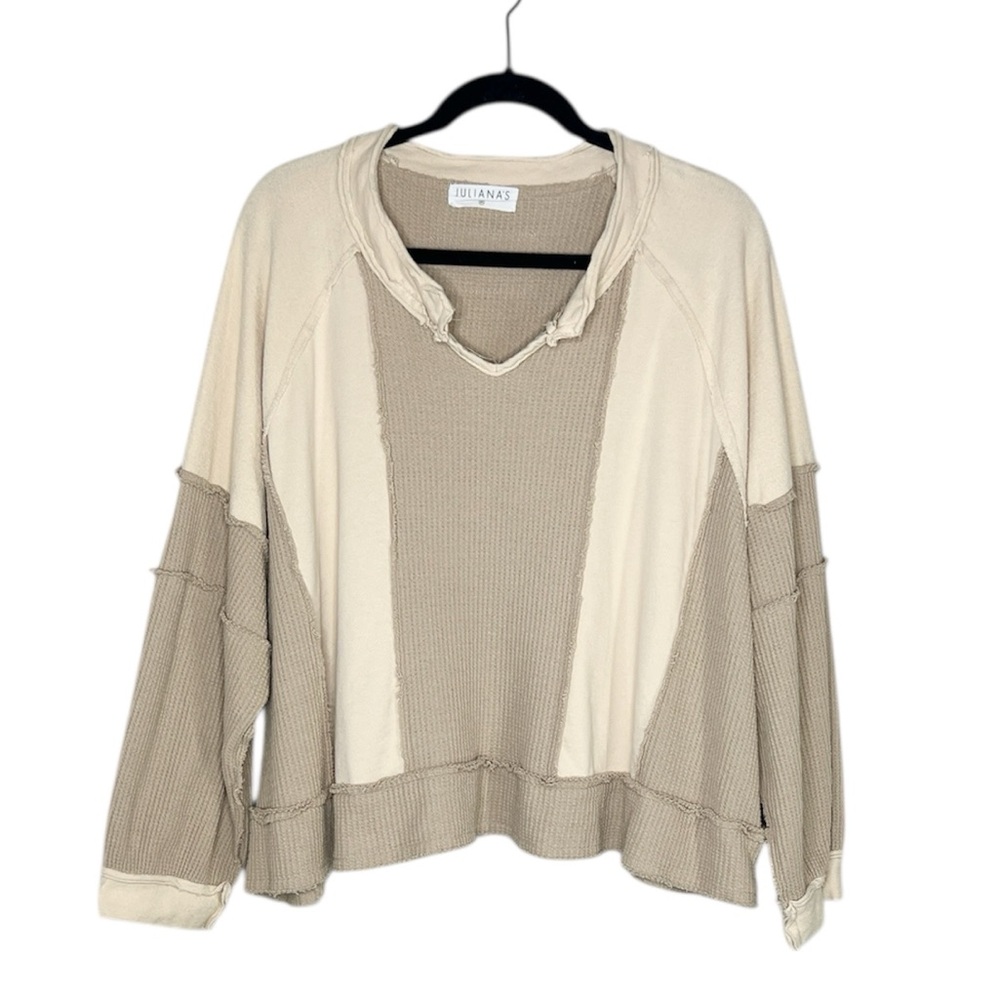 Patchwork Raw Edge Boho Oversized Waffle Knit 100% Cotton Top size Medium